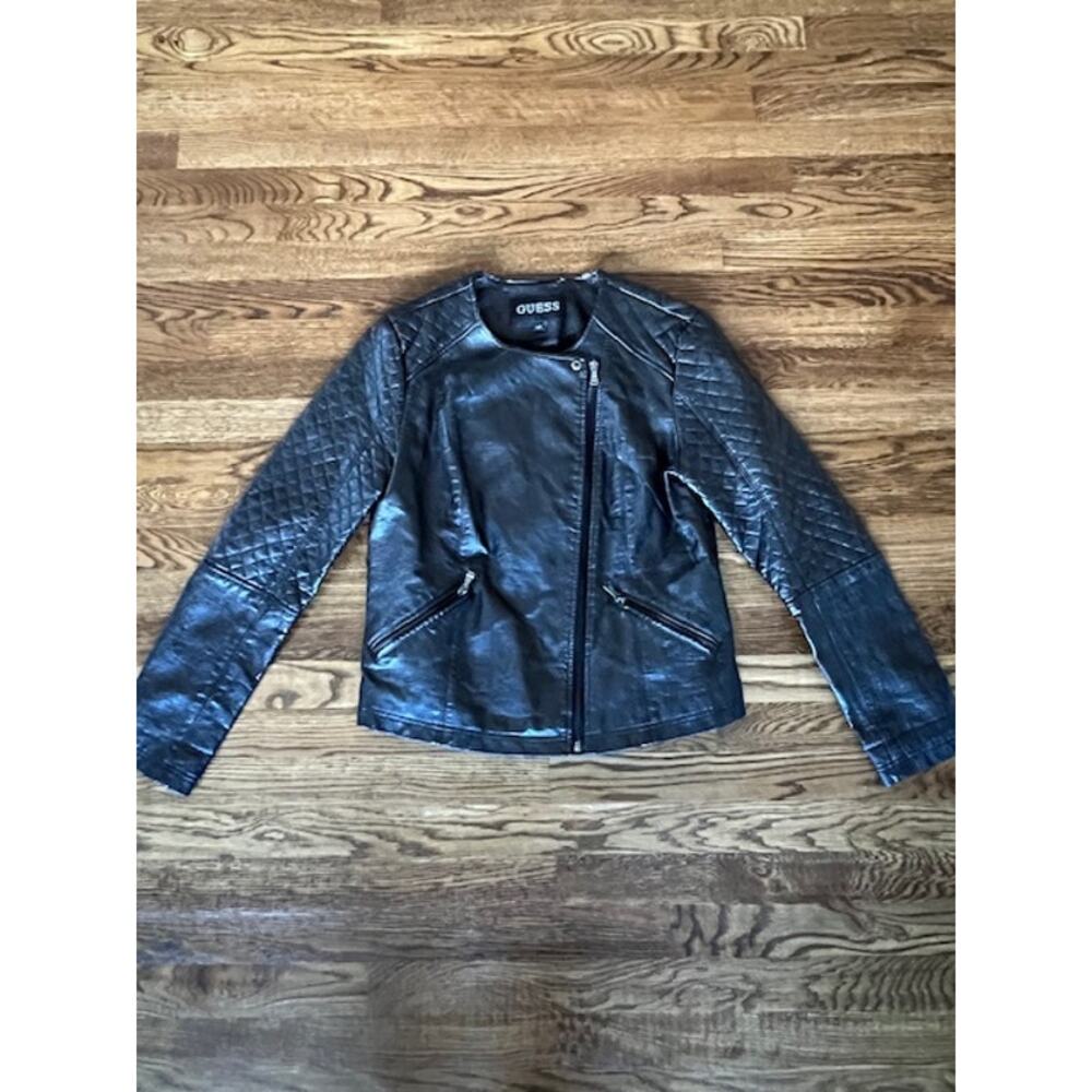 Guess Faux Leather Motorcycle Jacket Womens L Full Zip